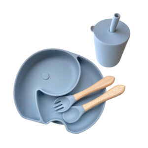 Set de alimentación diseño elefante plato, cubiertos y vaso color gris